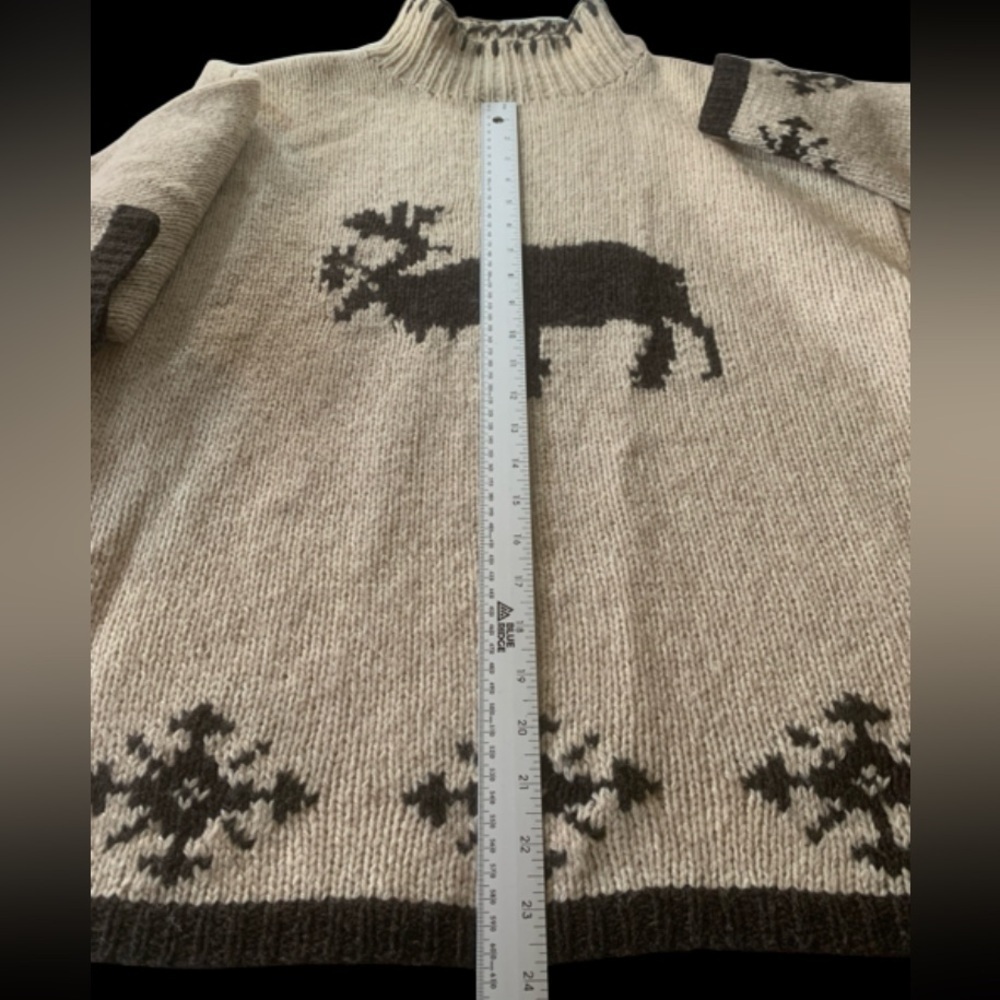 Muskoka Lakes Wool Sweater Pull on Cardigan Funnel Neck Moose & Snow Beige BRN L - Picture 13 of 15